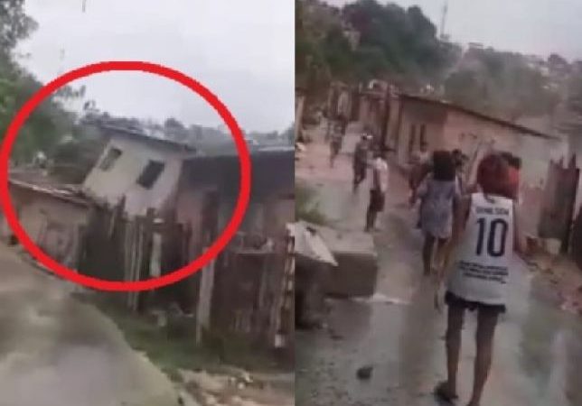 Vídeo flagra o momento em que casa de dois andares desaba após chuva em Manaus.