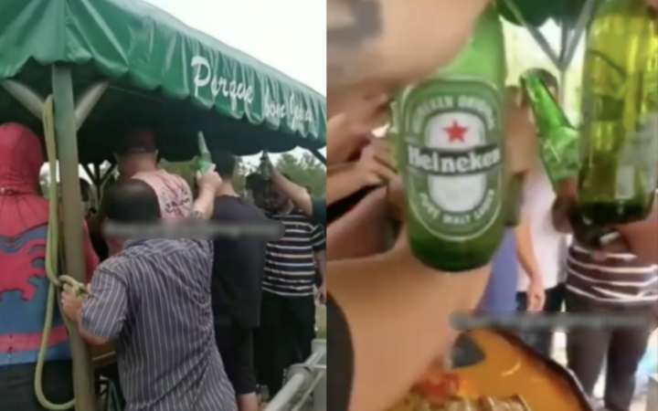 Ao invés de flores, homens jogam cerveja na cova de amigo e ainda contratam DJ para enterro